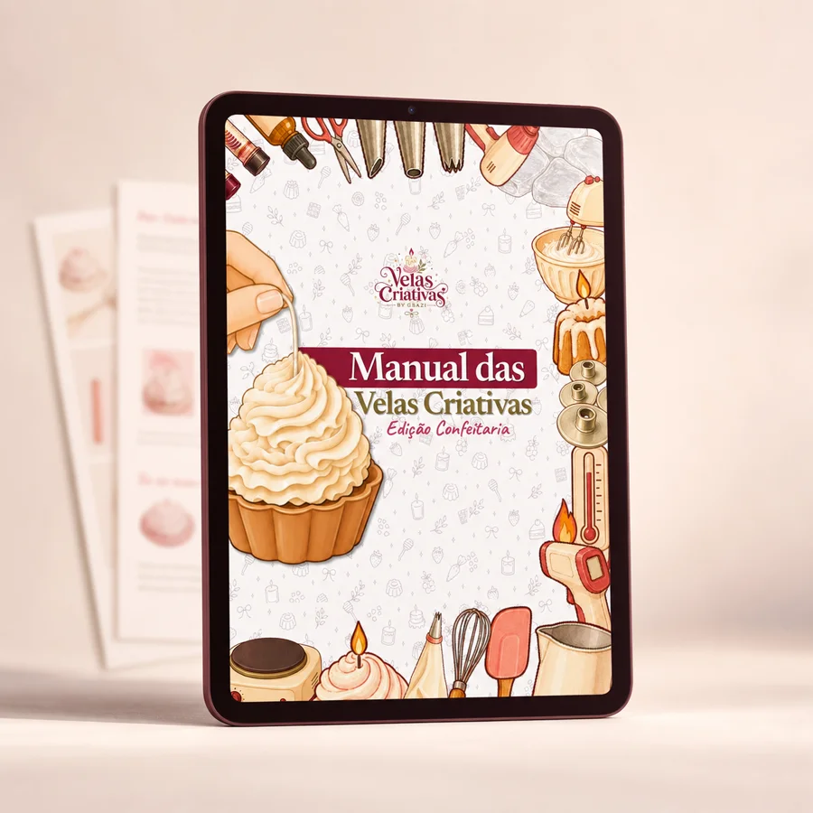 Capa oficial do Manual das Velas Criativas — Edição Confeitaria em um tablet
